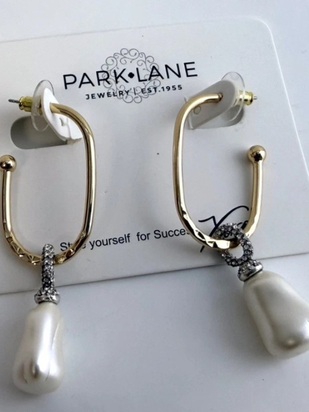 Park Lane Gold-Tone Hoops with White Pearl Drops and Crystal Links